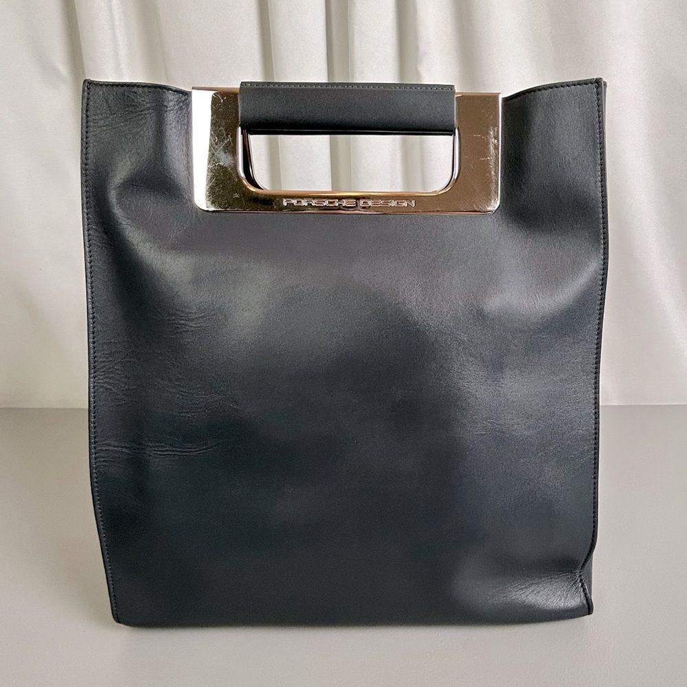 Porsche Design women’s dark gray Leather Tote Bag with Gold Handle and strap